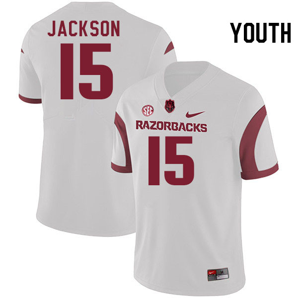 Youth #15 KJ Jackson Arkansas Razorbacks College Football Jerseys Stitched-White